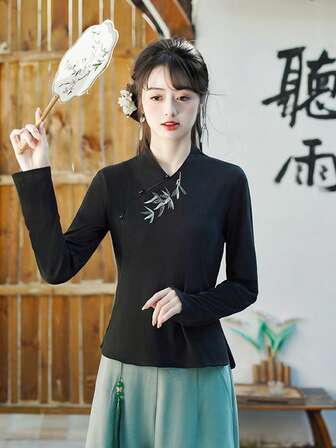 优雅复古中国风竹叶刺绣长袖轻盈休闲唐装