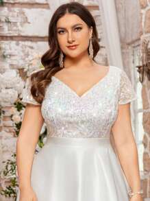 Plus V-Neck Lace Sequin Insert Contrast Satin High Low A-Line Hem Evening Party Formal Dress, Prom Dress, Wedding Guest Dress, New Year Dress, For Birthday, Homecoming, Festivals - White - View 8