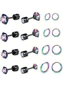 16 件套旋入式医用不锈钢耳钉和环状耳环套装女士男士 AAA 方晶锆石软骨耳环防过敏多个穿孔适合男士女士敏感耳朵 - 耳飾套裝 - 查看 6