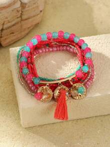Set de 9 piezas Brazaletes de mujer con cuentas de vidrio y borlas, estilo bohemio con cadena metálica