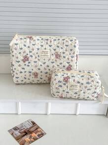 Bolsa de maquillaje de tela suave con estampado de oso de peluche morado con flores, cierre con cremallera, linda bolsa de almacenamiento para cosméticos, viajes y uso doméstico