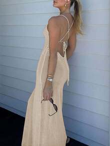 Women's Solid Color Minimalist Daily Wear Halter Neck Tie-Up Knitted Sweater Dress