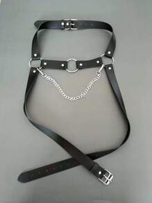 1 Piece Men's Black One-Size-Fits-All Leather Sports Restraint Fashion Suspender With Chain Decoration Suitable For Gym And Daily Use Harness Halloween For Going Out Outfit Wedding Party And For Gift Halloween Accessories, Halloween Costumes