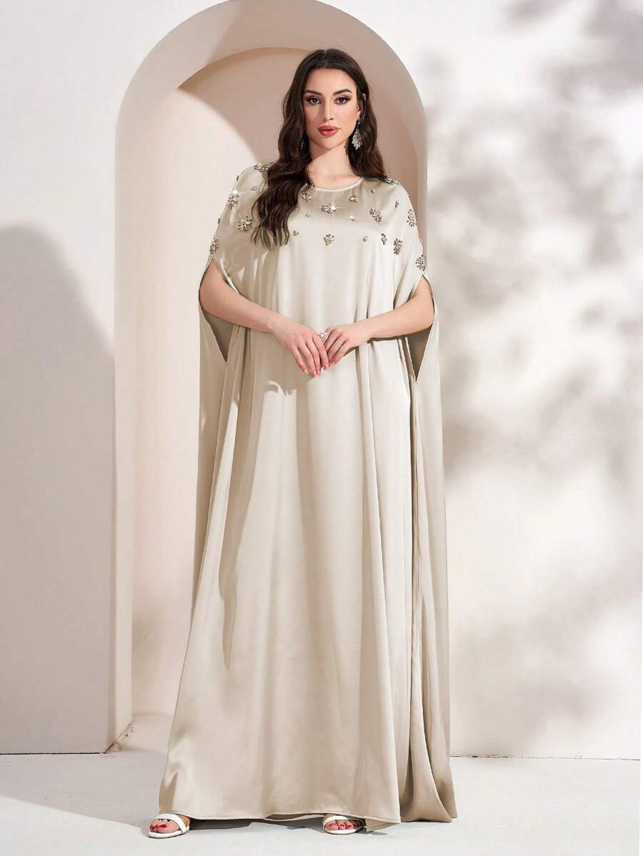 Abito casual estivo da donna con scollo tondo e strass - Albicocca - Visualizzare 1