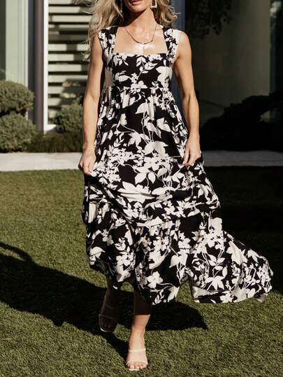 Eilly Bazar 春夏季度假时尚复古花卉印花露背系腰修身 A 字裙