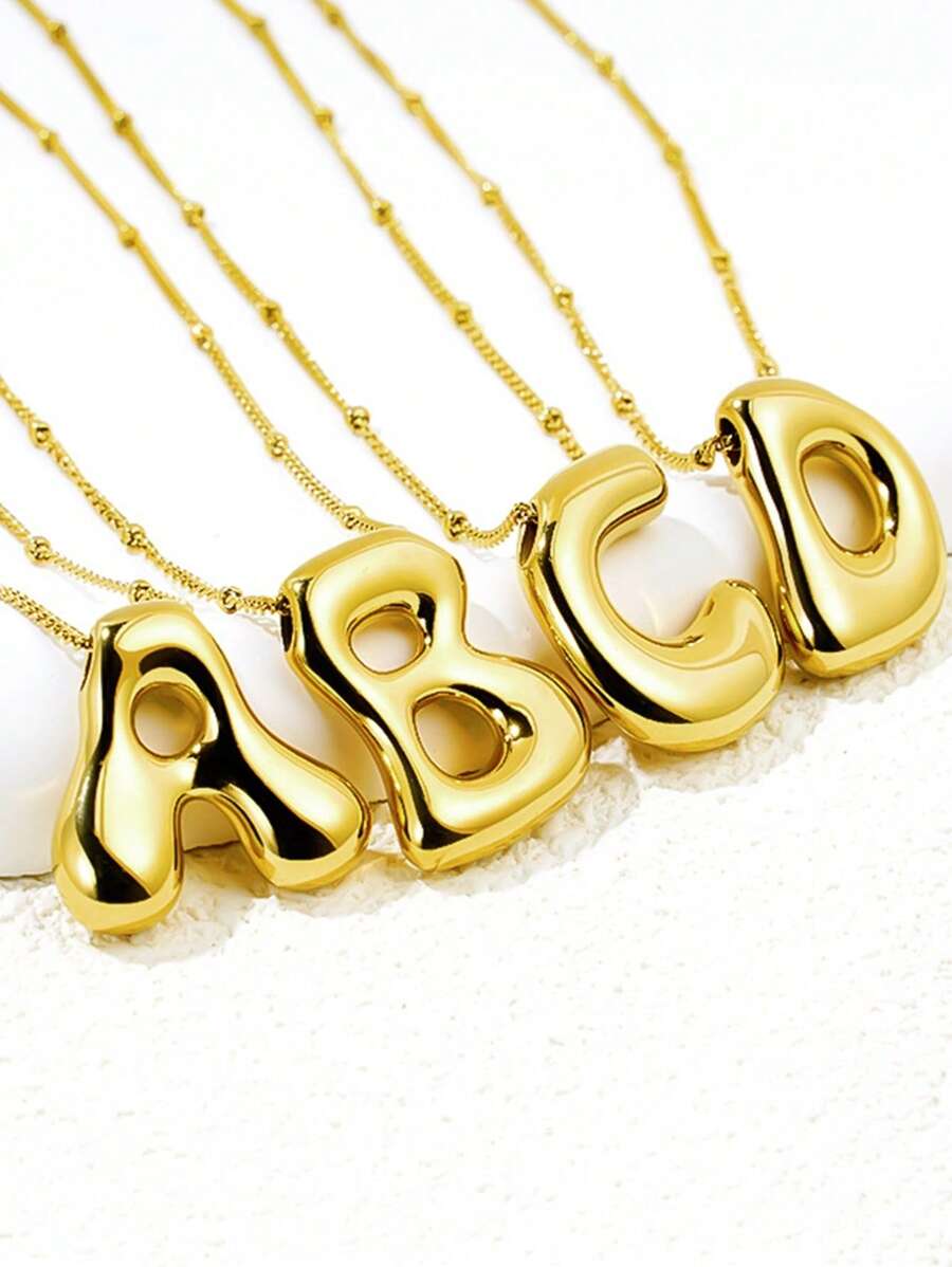 MECYLIFE 1 件不对称 3D 粗字母吊坠项链配不锈钢蛇链，时尚女士项链 - stainless steel with curb chain - 查看 1