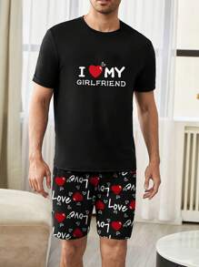 Set de pijamale de vară ușoare asortate pentru cupluri, cămașă și pantaloni scurți fără mâneci pentru bărbați cu imprimeu cu litere "I Love My Girlfriend", îmbrăcăminte romantică pentru acasă