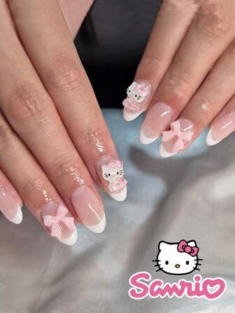 Sanrio 24pcs Medium Size Almond Nail Wraps With White French Tips, Cute Hello Kitty & Kulomi Crystal Bowknot Design, Suitable For Women's Daily Wear, Party & Events (Includes 1 Piece Of Jelly Glue And 1 Scraper)