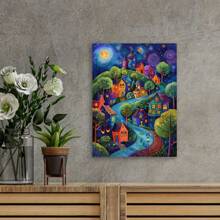 Village Canvas Art Print-Charming Forest With Colorful Houses, Starry Sky, Valentine's Day Gifts For Her Or Him, 1 Pc Keywords Wooden Framed Canvas Painting-Thickness 2.25cm/0.9Inch, Home Gift Decoration, Room Decoration Aesthetic, Wall Decoration Art, Perfect Gift, Autumn And Winter Wall Decoration, Living Room Decoration, Bedroom Decoration, Kitchen Decoration, Entry Decoration, Bathroom Decoration, Direct Wall Painting, High Quality Wall Painting Poster - 彩色 - 查看 3