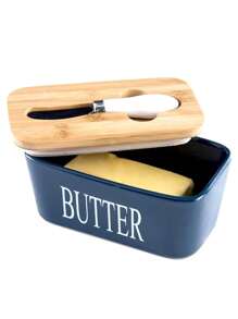 1个带木盖的陶瓷黄油碟，大容量黄油储存容器，配有不锈钢黄油刀、竹盖和硅胶密封圈，是完美的厨房圣诞礼物。 - 藍色500ml - 查看 6