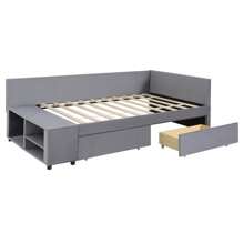 Cama doble con plataforma y almacenamiento en forma de L tapizada, en color gris - Gris + Terciopelo + Twin - Ver 9