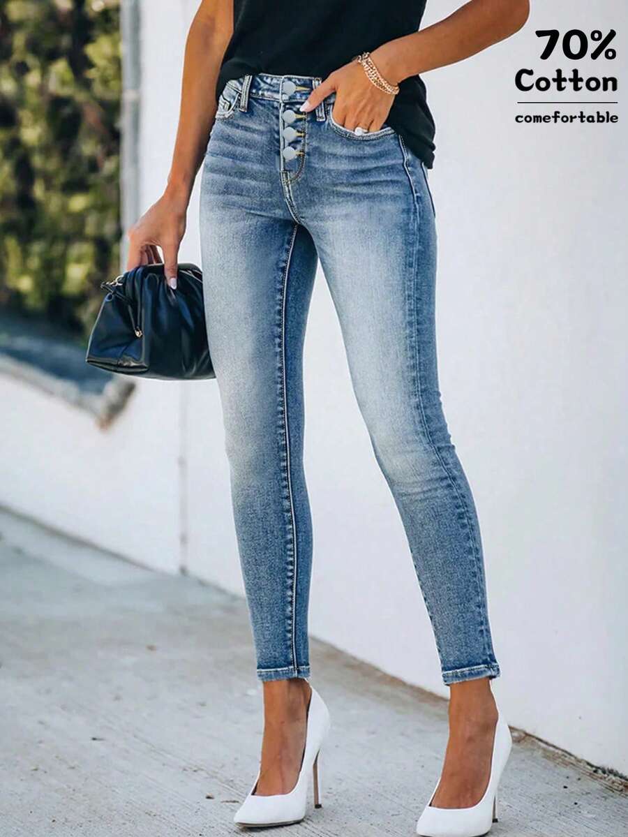 女士休闲修身低腰口袋纽扣牛仔七分裤，适合通勤和日常穿着，秋季