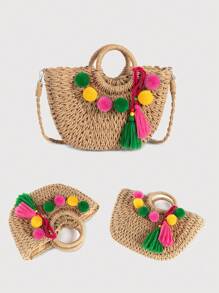 Handmade Raffia Flower Pom Pom Tassel Decor Beach Style Semicircle Women Handbag Shoulder Bag