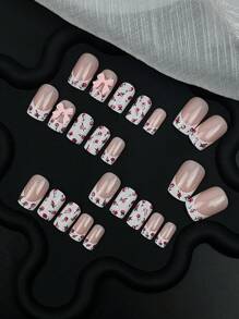 Rosas de color rosa dulce, diseño de lazo 3D en uñas, un imprescindible para fiestas diarias y citas de boda, reutilizable con lima de uñas y pegamento de gelatina, juego de 24 uñas postizas