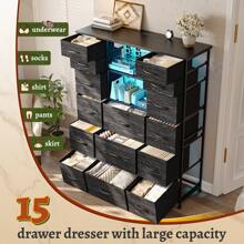 EnHomee 51"H Tall Dresser With 15 Drawers, Dresser For Bedroom With LED Lights & Hutch Sturdy Fabric Bedroom Dresser, Steel Frame, Wood Top, 51.2"H X 39.3"W X 11.8"D, Mother's Day Decor, Room Decor, Home Decor, Black Wood Grain - Xem 5