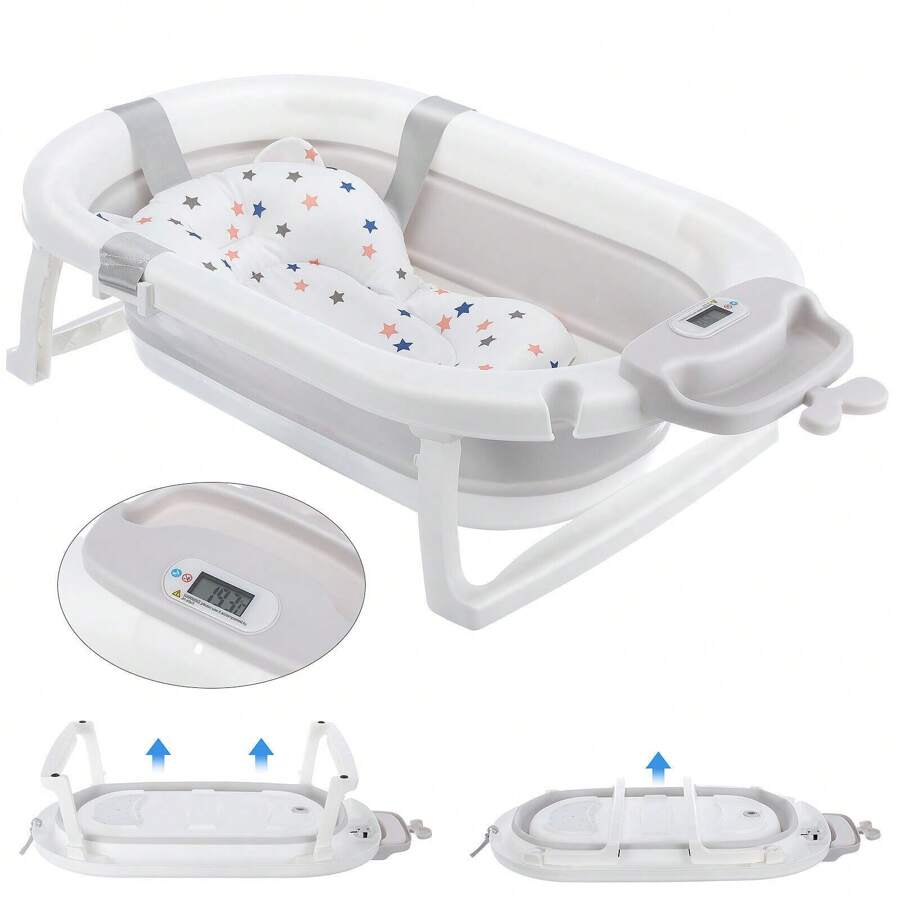 Ultimate Portable Ergonomic Baby Bathtub With Integrated Temperature Gauge, Soft Cushion Bath Pad, And Net: The Ideal, Compact Solution For Bathing Newborns To Toddlers (0-36 Months) Anywhere - 白色 - 查看 1