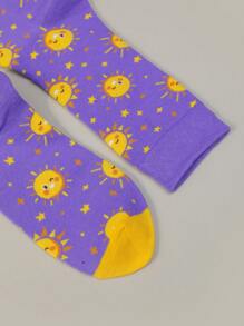 2 Pairs Women Stars & Sun Print Socks, Comfy & Breathable Cartoon Mid Tube Socks, Women's Stockings & Hosiery