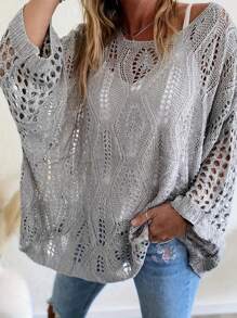 Plus Size Women Loose Hollow Out Knitted Cover Up Top, Versatile Cover Up, Suitable For Spring And Summer, Casual & Versatile - Grey - View 1