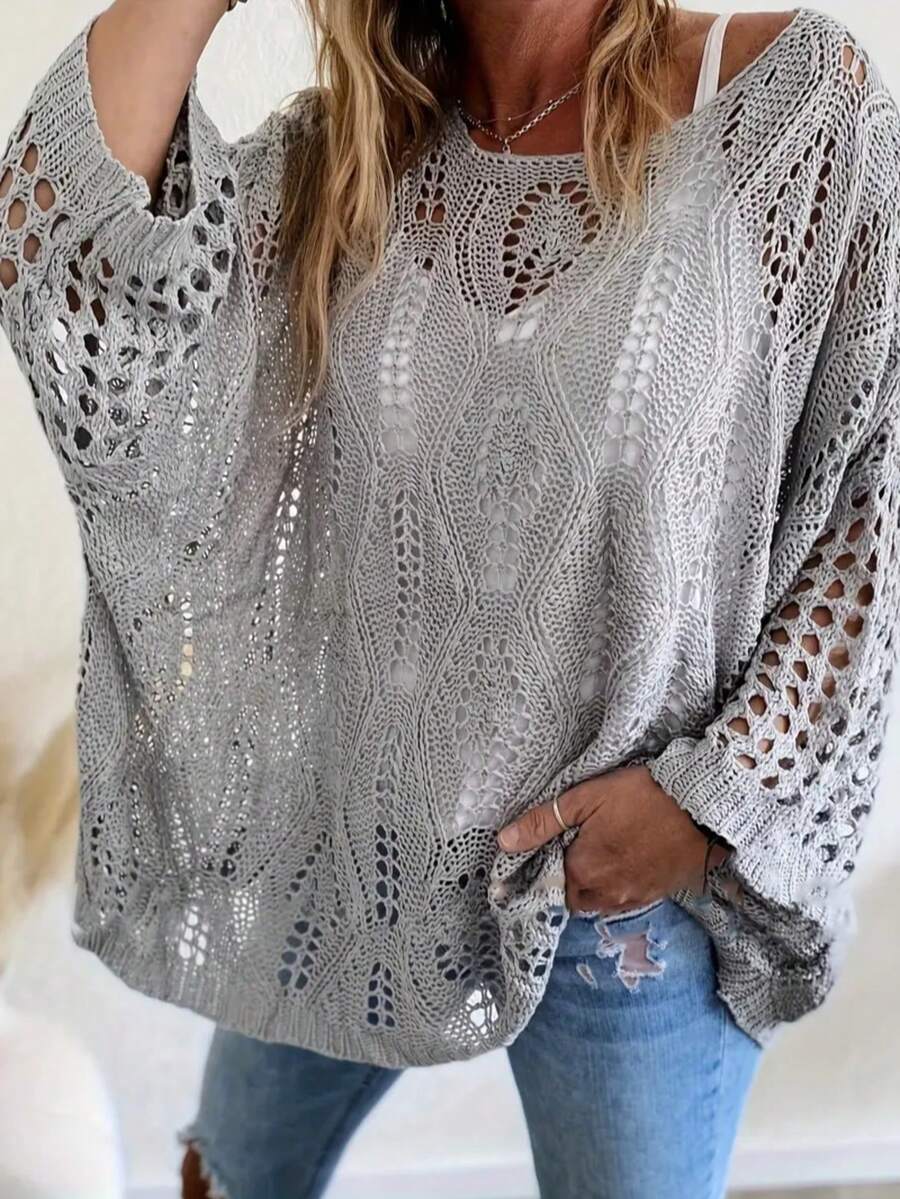 Plus Size Women Loose Hollow Out Knitted Cover Up Top, Versatile Cover Up, Suitable For Spring And Summer, Casual & Versatile - Grey - View 1