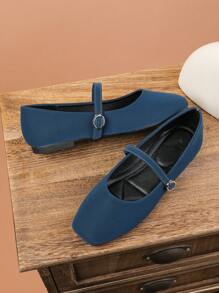 Women's Fashion Square Toe Slip-On Blue Casual Loafers, Versatile Office/Outdoor Wear, Comfortable Flats, Elevated Style, Suitable For Spring/Summer, Party - 藏蓝色 - 查看 4