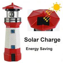 Solar Lighthouse Outdoor Solar Rotating LED Lighthouse Light Waterproof Lighthouse Statue Decorative LED Rotating Lamp For Garden Landscape Outside Yard ,Red Beacon Light House