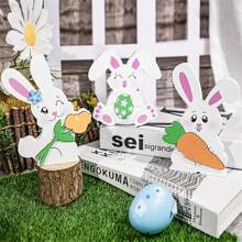 3Pcs Easter Tiered Tray Decor Kit, Cute Rabbit Wooden Sign Desk Ornament For Holiday Party - Colorful - View 6