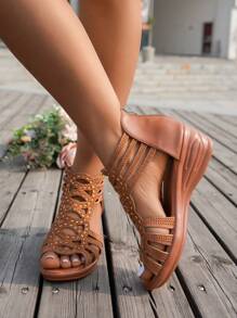 Women's Rhinestone Buckle Strap Platform Wedge Sandals, Black Faux Suede Cross Strap Ankle Strap Fashion Wedge Sandals