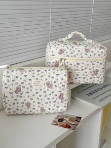 Bolsa de maquillaje de tela suave con estampado de oso de peluche morado con flores, cierre con cremallera, linda bolsa de almacenamiento para cosméticos, viajes y uso doméstico