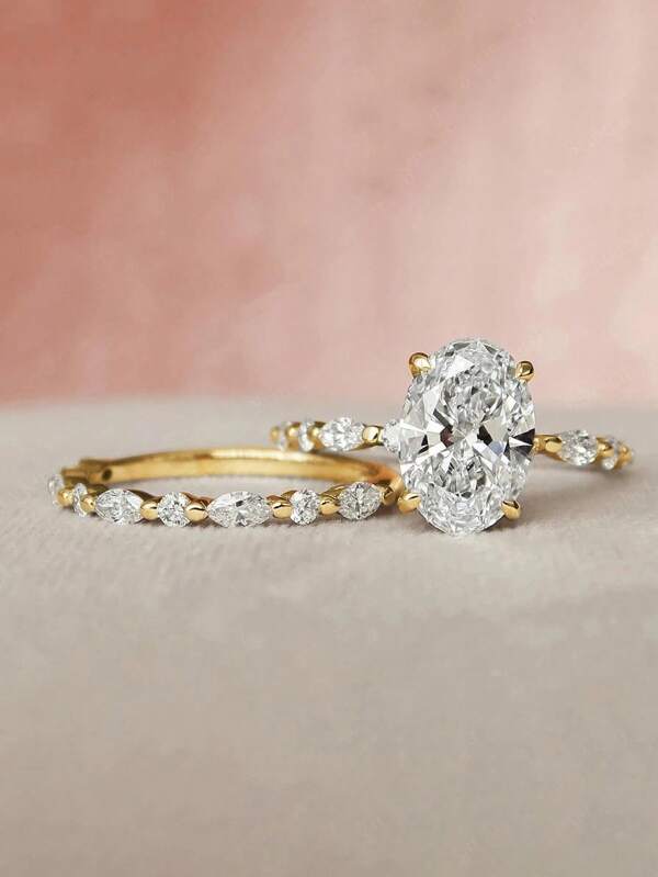 2pcs Set Exquisite Fashionable V-Shaped Water Drop Zirconia Set Rings S925 Sterling Silver For Women Dating Promise Daily Wear Stacking Ring For Girlfriend Fine Jewelry Gift
