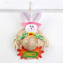 Easter Welcome Door Wreath 3D Bunny Straw Hat Hanging Ornaments For Shop Home Party Garden - Pink - View 2