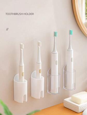 1pc Simple Damage-Free No-Drill Mark Adhesive Electric Toothbrush Holder Toothbrush Rack Wall Mounted Toothbrush Storage Stand Bathroom Organizer, Suitable For Smooth Surfaces Like Marble, Metal, Tile, Wood, Glass Bathroom Decor Fall Decor