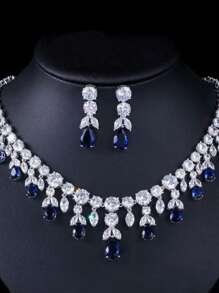 Set mit 3 luxuriösen Halsketten und Ohrringen in Wassertropfenform, aus Kupfer mit AAA-Zirkonia, elegante und anmutige Lösung für Frauen zum Schulabschluss, zum Hochzeitskleid, als Geschenk zum Eid al-Adha