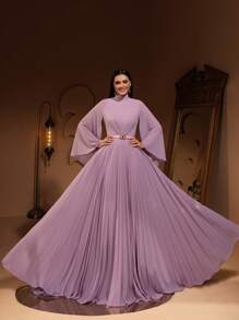 New Luxury Fashion Elegant Flared Sleeve Pleated Chiffon Maxi Dress With Belt, Formal Evening Party Gown (Size Runs Large, Customers Advised To Check Size Chart) - Hồng - Xem 3