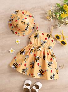 Set de 2 piezas de vestido casual con estampado de abeja + gorra para bebé niña, verano