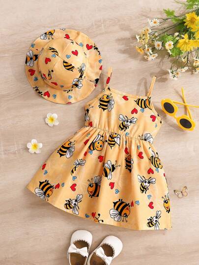 2pcs Baby Girl Casual Bee Print Dress + Hat Set, Summer