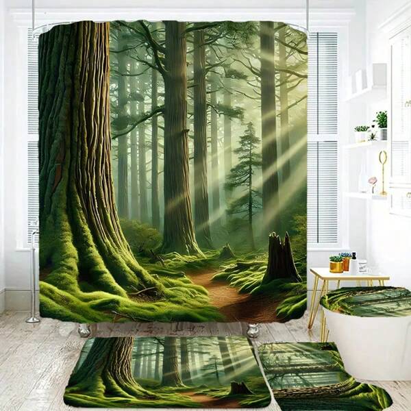 Juego de 4 piezas de cortina de ducha lujosa | Con 12 ganchos estampados | Alfombra de baño antideslizante, alfombra en forma de U y tapa de inodoro | Artículos esenciales para la decoración elegante del baño
