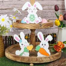 3Pcs Easter Tiered Tray Decor Kit, Cute Rabbit Wooden Sign Desk Ornament For Holiday Party - Colorful - View 3