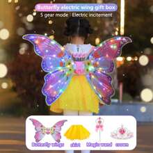 Conjunto de disfraz de hada ángel para niños - Incluye mochila con alas de mariposa luminosas, falda, corona, varita mágica; Alas de hada eléctricas, alas de ángel; Disfraz para representaciones, fiestas, cumpleaños, regalos para niñas