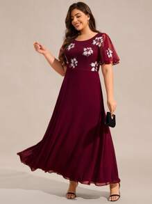 Plus Elegant Round Neck Floral Sequin Fall Dresses Formal Dresses For Mother Of The Bride Burgundy Bridesmaid Dresses - Burgundy - View 8