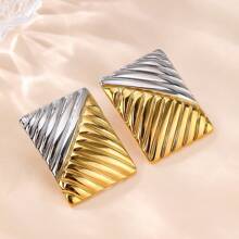 1 Pair Fashionable Stainless Steel Stud Earrings, 18K Gold Plated Bi-Color Square Earrings For Women, Daily Wear