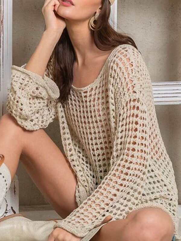 Women's Elegant Hollow-Out Long Sleeve Knit Top, Summer Beach Coverup