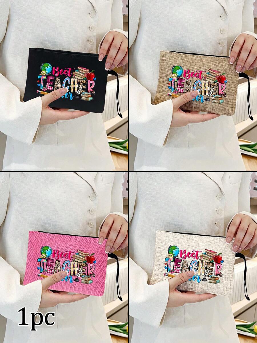 Bolso de maquillaje con estampado de "Maestro" como regalo de apreciación para profesores, monedero de lino, bolsa de cosméticos con forro sin cierre - Perfecto para educadores y personal escolar, regalo de agradecimiento para maestros, accesorios casuales y elegantes para salidas, vacaciones, traslados diarios, bolsa de cosméticos - Multicolor - Ver 1
