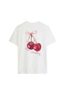 Women's Summer Letter Cherry Print Pattern Round Neck T-Shirt For Vacation Wear Graphic Tees Women White Top Black Top Pink Top Vacation Outfits Women
