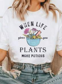 Funny Herbalist And Apothecarist Puns Make Potions Herbalism T-ShirtShort Sleeve Round Neck Casual Top For Summer & Spring, Women's Clothing - White - View 1