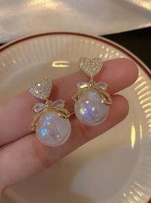 1pc Delicate Faux Pearl Earrings, Cute Heart Crystal Bowknot Charming Sweet Celebrity Earrings - Multicolor - View 5