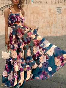 2 件女式夏季海滩度假风格印花荷叶边吊带背心和超长连衣裙波西米亚风休闲套装、沙滩裙 - 藍色 - 查看 8