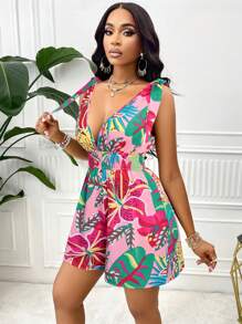 AIJ Amarilo 女士度假风格花卉印花系带肩部褶饰腰部超宽松连体短裤（随机印花） - 粉色 - 查看 6