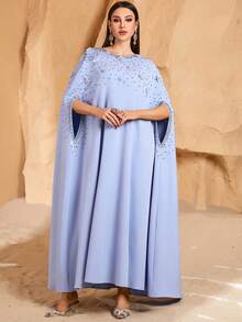 Women's Elegant Conservative Arabic Style Dress With Heavy Bubble Pearl Rivet Rhinestone Embellishment, Modest Abaya - Blue - View 7