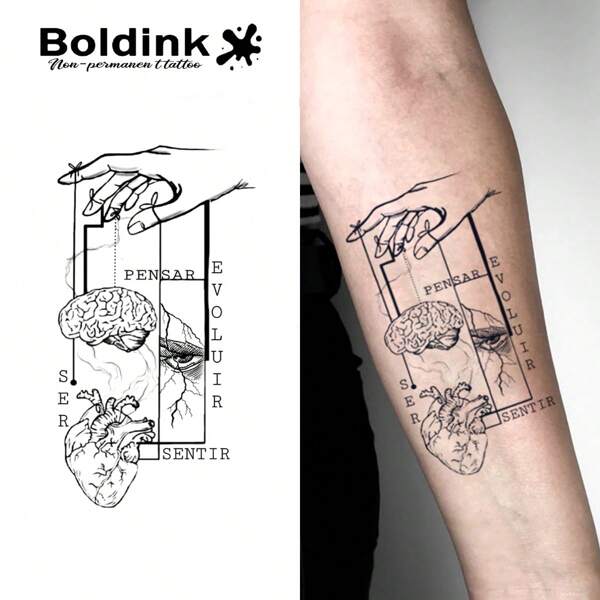 Boldink Nicht-permanentes Tattoo Design, inspiriert von Finger, Gehirn, Herz und Auge, Einsteitertattoo, natürliches Aussehen, echter Tattoo-Effekt, wasserfest und leicht anzubringen, hält 1-2 Wochen, lustiges Tattoo-Erlebnis, keine grausamen Tattoo-Aufkleber
