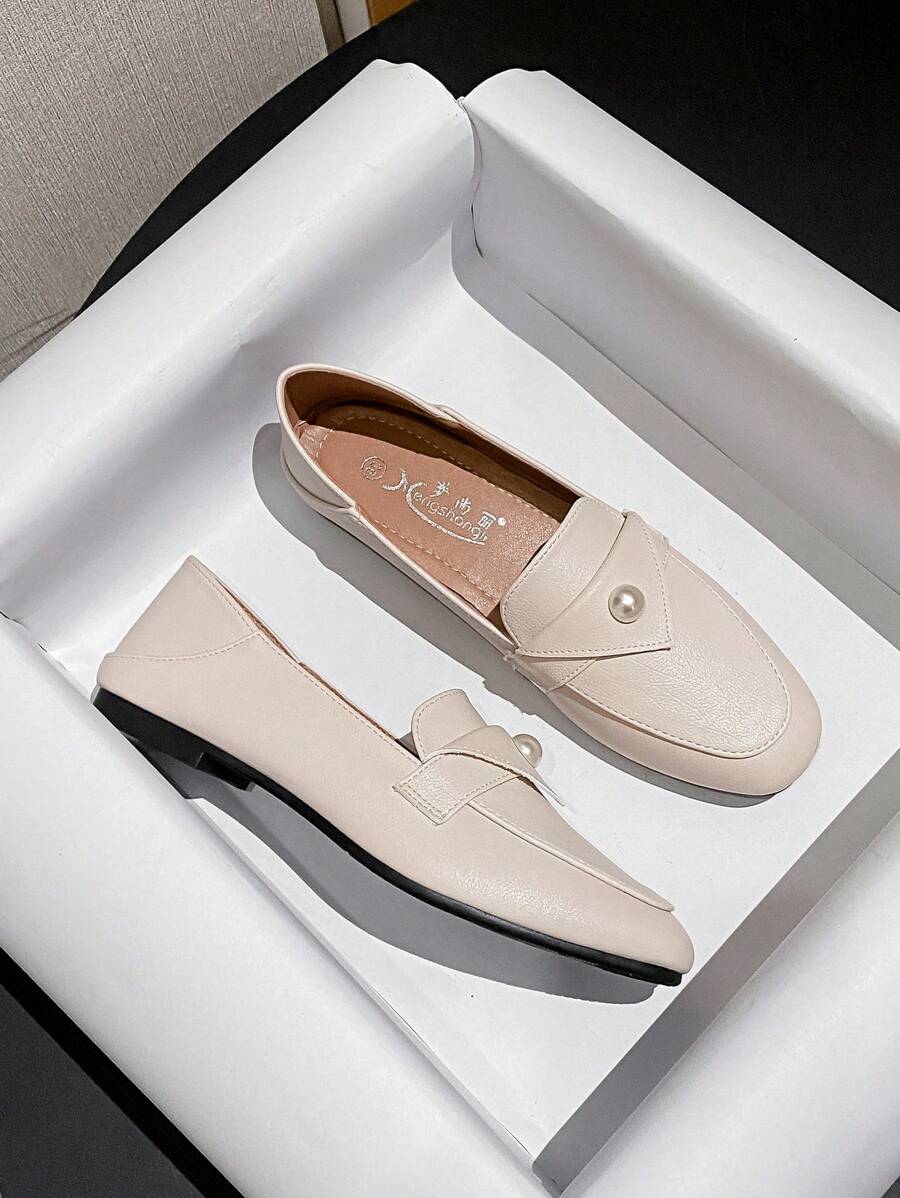 Mengshangli Women's Flat Square Toe Slip-On Loafers Versatile Small Leather Fairy Shoes - Beige - View 1